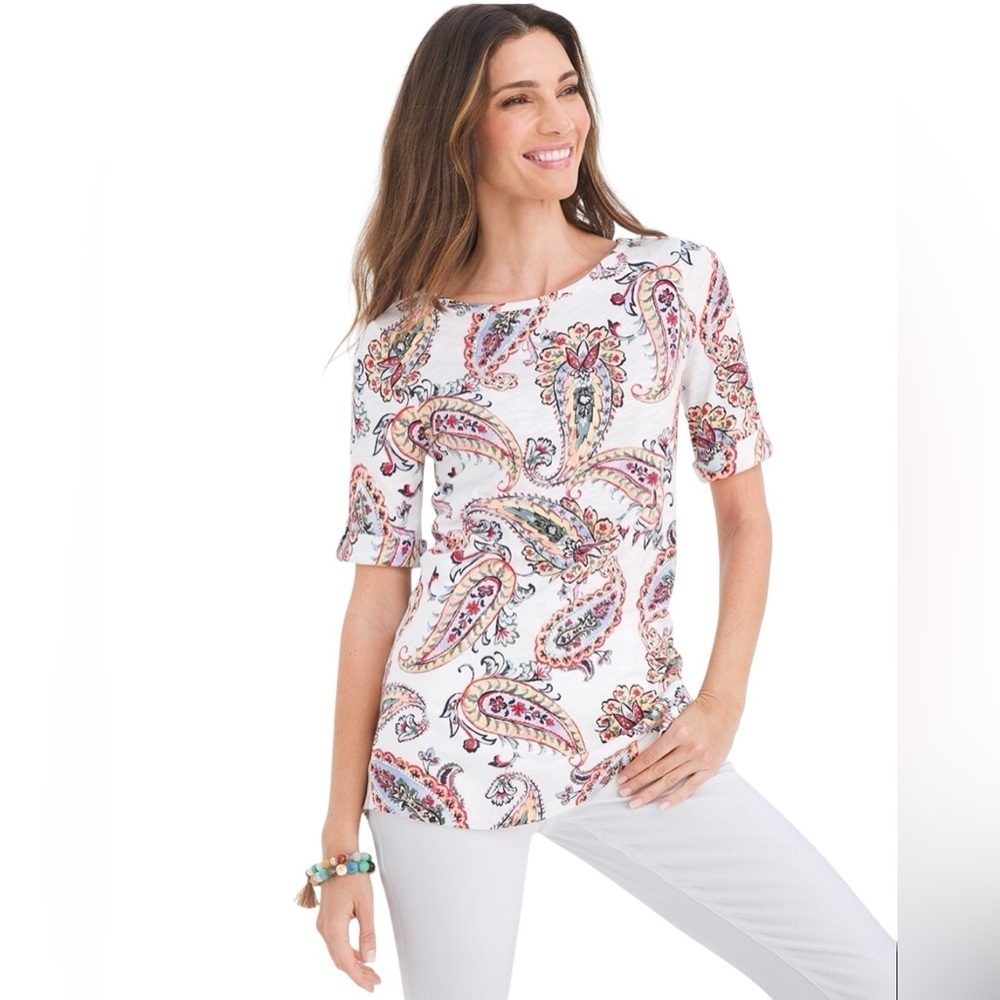Chico’s Cotton Blend Floral Paisley Colorful Chic Effortless Top Women Size L
